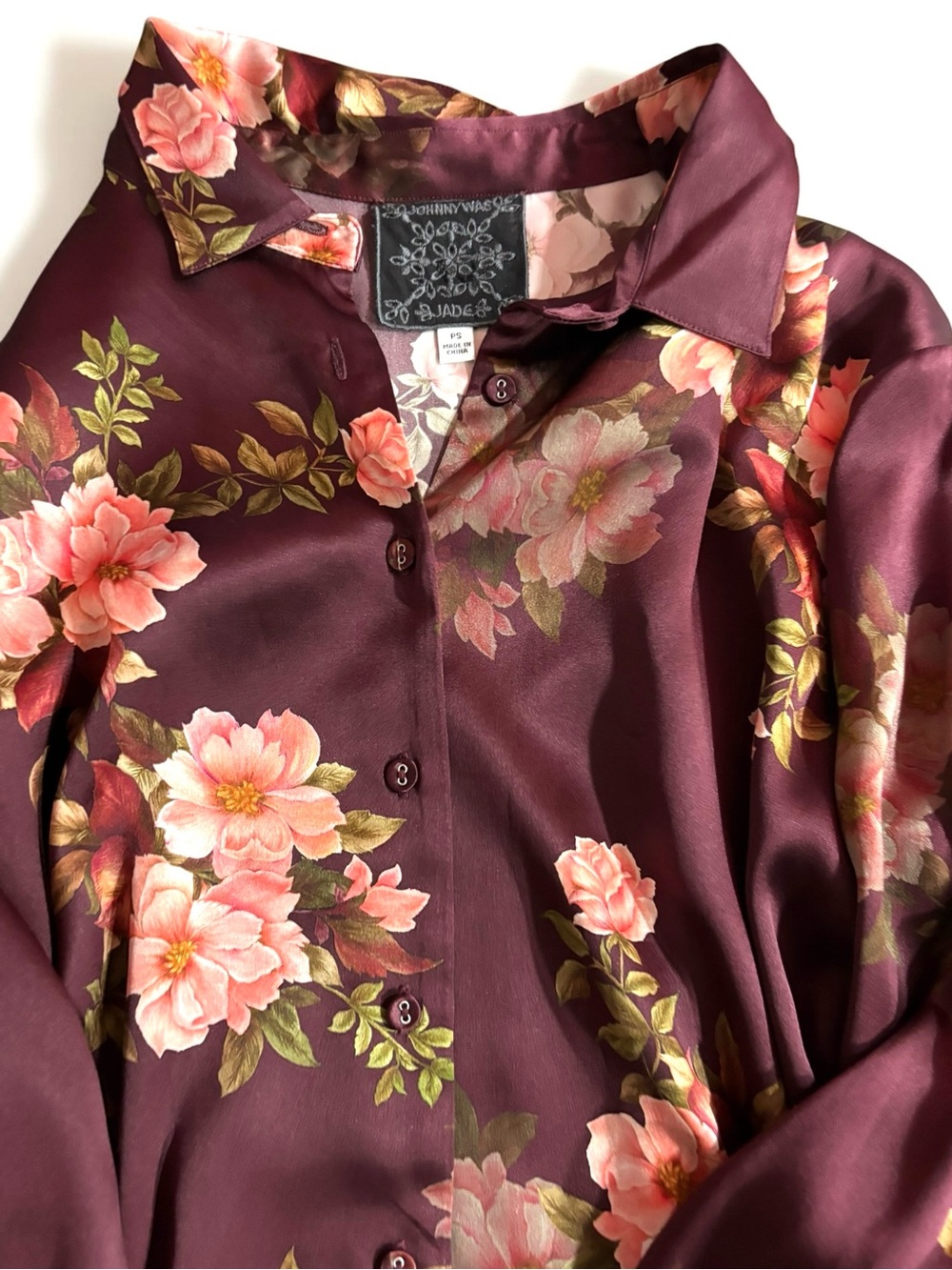 Johnny Was Silk Blouse Jade Amanza Winonna Burgundy Floral - Picture 4 of 7
